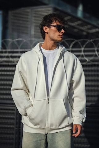 Valensdesign Oversize Tam Fermuarlı Uzun Kol Hırka - Beyaz