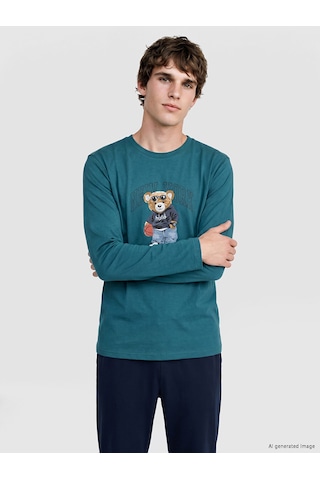 Lc Waikiki Lc Waıkıkı Petrol Regular Fit Teddy Baskılı Erkek Pijama Takımı