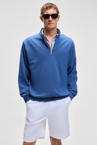 Grımelange NESTOR Erkek Relaxed Fit Dik Yakalı Yarım Fermuarlı Uzun Kollu Mavi Sweatshirt