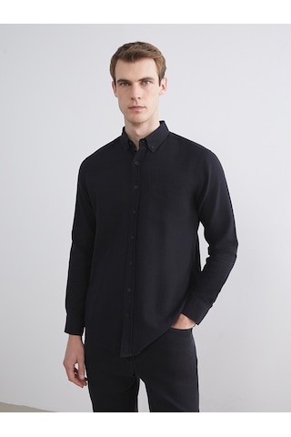 Lcwaıkıkı Classic Siyah Regular Fit Uzun Kollu Keten Karışımlı Erkek Gömlek