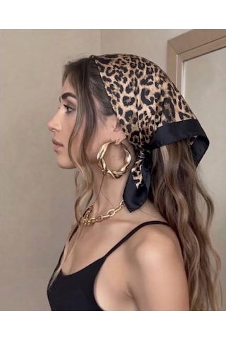 Trend Dokunuş Kadın 50-50 Saten Siyah Leopar Fular Bandana Leopar-siyah
