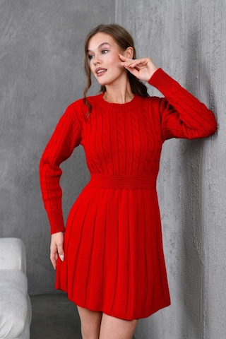 Flex Fashıon Saç Örgülü Trend Popüler Triko Mini Elbise Kırmızı - 662242424 Kırmızı - 662242424 Kırmızı