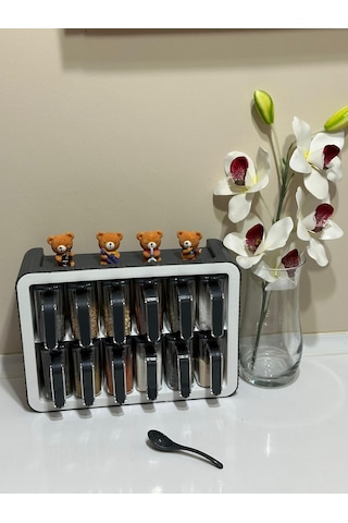 Standlı 12li Kendinden Yapışkanlı Kaşıklı Kapaklı Baharatlık Takı Şeffaf
