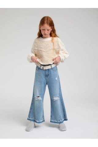 Kız Çocuk Motif İşleme Detaylı Kısa Bluz-13626-ekru Ekru