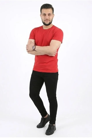 Defymoda Erkek Basic Tişört Bisiklet Yaka Kısa Kol Günlük Yazlık Slim Fit T-shirt - Kırmızı