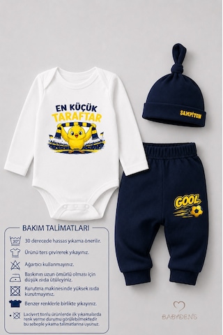 Babyden's %100 Pamuk Sarı Lacivert En Küçük Taraftar 3'lü Yenidoğan Bebek Takımı Uzun Kollu Body Pantolon Şapka Set