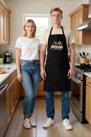 Unisex Mutfak Önlüğü İtalyan Pizza Baskılı Rahat Kesim Boyundan A Siyah