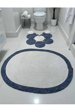 2'li Modern Hasır Görünümlü Banyo Paspası - Modern Dokunuş Mavi - Beyaz