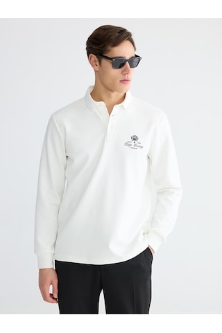 Lcwaıkıkı Classic Beyaz Polo Yaka Baskılı Erkek Sweatshirt