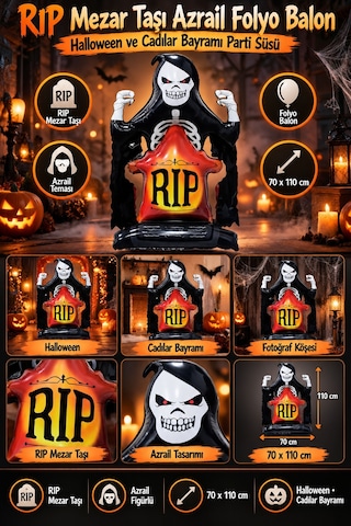 Halloween Rıp Mezar Taşı Azrail Folyo Balon 70x110 Cm Cadılar Bayramı Parti Ev Dekorasyon Süsü Diğer