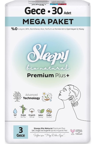 Sleepy Bio Natural Premium Plus Hijyenik Ped Mega Paket Gece 30x3 90 Adet