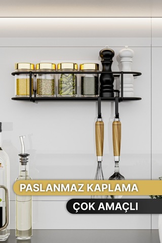 Bino Baharatlık Lüks Metal Siyah Mutfak Rafı Banyo Rafı Yapışkanlı Kancalı Tasarım Tuzluk Askılık Çok Renkli