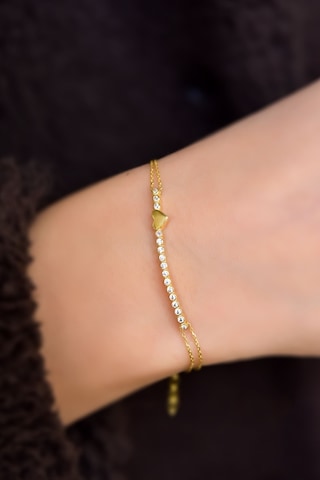 925 Ayar Gümüş Gold Kaplama Sıralı Zirkon Tektaş , Kalp Bileklik