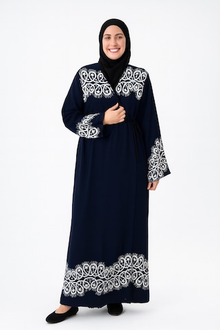 Halkalı Desenli Kruvaze Namaz Elbisesi Yandan Bağlamalı, Rahat Kesim 36 46 Beden Lacivert