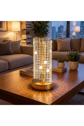 Buffer Dalgalı Silindirik Kristal Kareli Model Led Masa Lambası Gold Tabanlı, Dokunmatik, 3 Çok Renkli