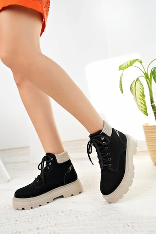 Nesil Shoes Mugo 504 Siyah Süet Bağcıklı Kadın Bot-siyah Süet Siyah