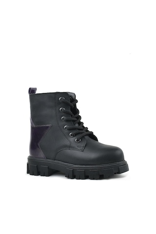 Rakerplus Siyah Hakiki Deri Platin Yıldız Detaylı Kız Çocuk Bot Siyah