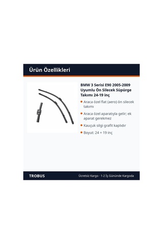 Trobus Bmw 3 Serisi E90 2005-2009 Uyumlu Ön Silecek Süpürge Takımı 24-19 İnç