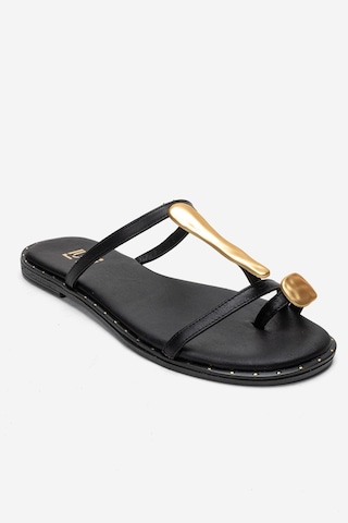 Luvishoes Tessa Siyah Hakiki Deri Gold Tokalı Kadın Parmak Arası Terlik