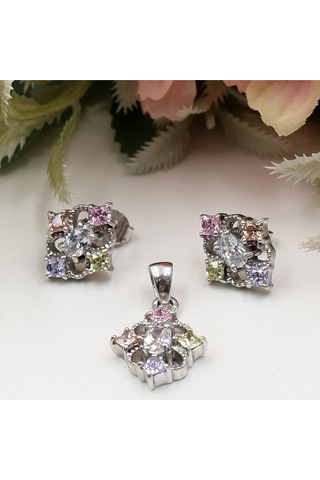 Dört Tırnaklı Dikdörtgen Renkli Taşlı Set Rose Gold - Gümüş