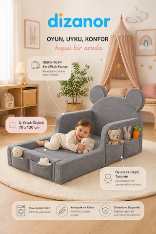 Luxury Tedyy Baza Ve Başlıklı Montessori Full Sünger Yatak Seti Gri -