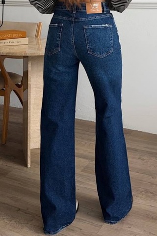 Balenbi Kadın Yüksek Bel Jean Yıkamalı Geniş Paça Palazzo Kot Pantolon 1239 - Premium Seri Koyu Mavi 2345