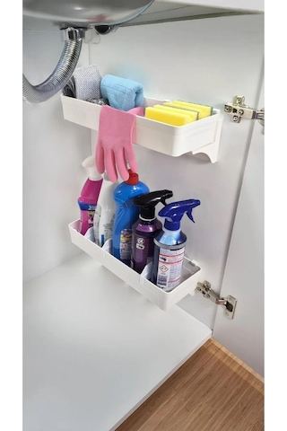 Dolap İçi Düzenleyici Yapışkanlı Kaydırmalı Çok Amaçlı Katlı Raf Organizer Beyaz