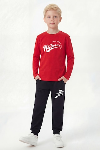 Panios Kids Yuvarlak Yaka Sweatshirt Paça Lastikli Eşofman Alt Baskılı Uzun Kollu Erkek Çocuk Alt Üst Takım Kırmızı