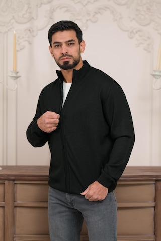 Woolen World Regular Fit Dik Yaka İnce Baharlık Triko Hırka Siyah
