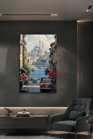 İstanbul Fatih Camii Manzaralı Eski Araba Boğaz Sokak Dekoratif Cam Tablo Doğa Ve Manzara Temalı Dekoratif Duvar Tablosu, Salon, Yatak Odası Ve Ofis Dekoru,