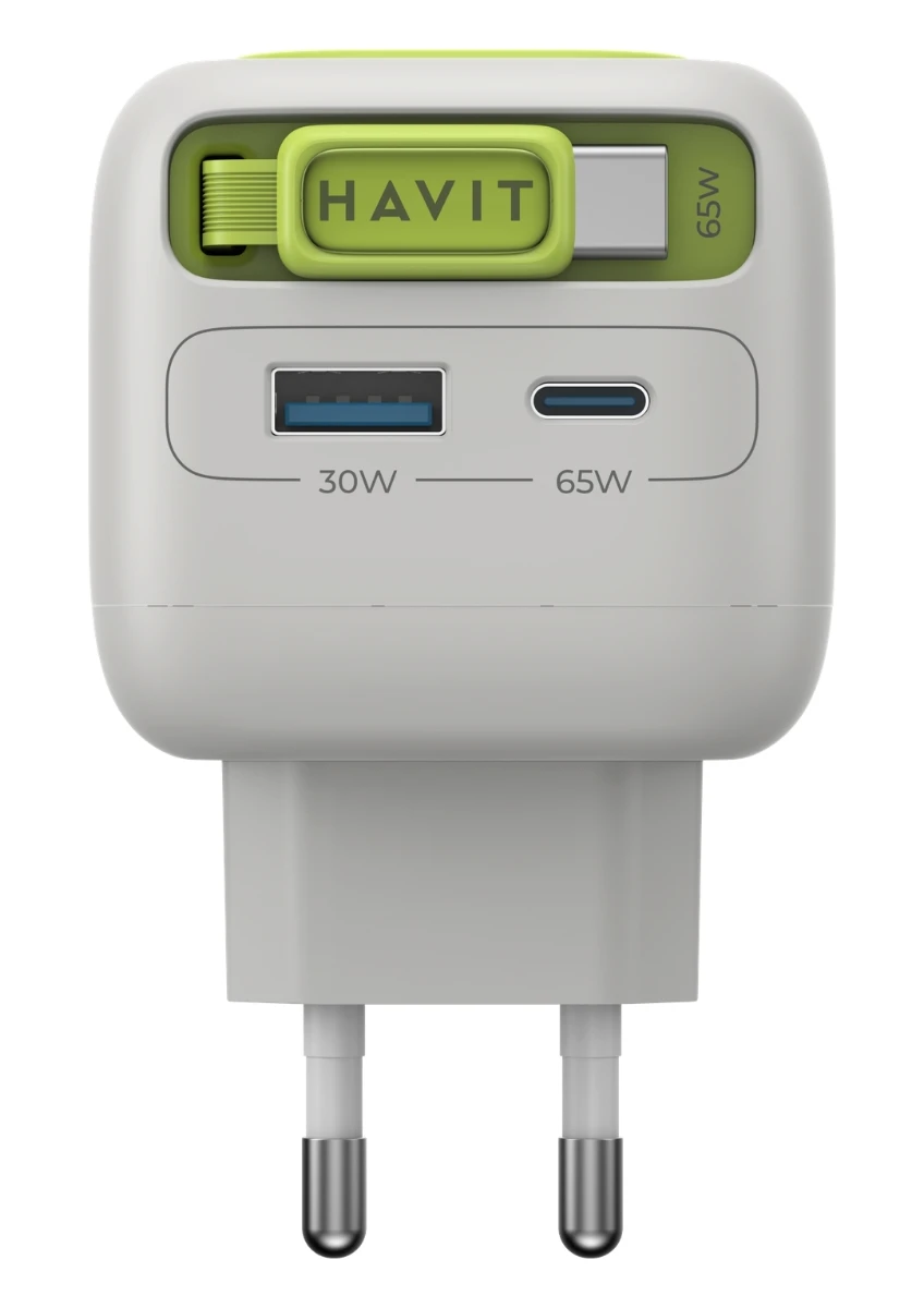 Havit Uc253 65w Gan Hızlı Şarj Adaptörü Geri Çekilebilir Kablolu Pd Type-c - Gri Yeşil