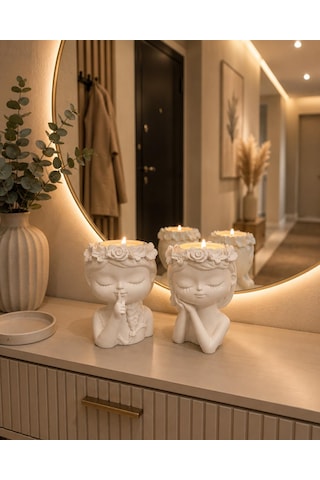 İkili Kız Figürlü Dekoratif Mumluk Seti Tealight Mum Hediyeli 2