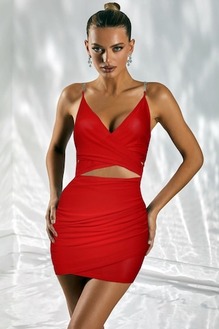 Ergü Kırmızı Askılı Zincir Detaylı Piliseli Mini Kadın Elbise Ergü1517-1