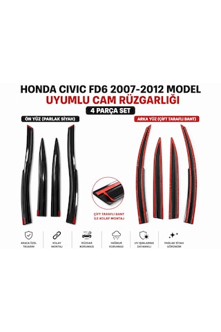Honda Cıvıc Fd6 2007-2012 Model Uyumlu Cam Rüzgarlığı 4 Parça Set