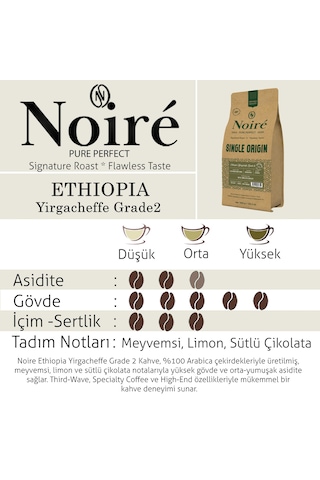 2'li Set Noire Ethiopia Yirgacheffe 1kg %100 Arabica Orta Sert, Çiçek & Meyve Tadım Notalı Kahve Çekirdek