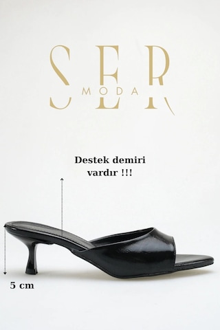 Sermoda Topuklu Kadın Terlik - 5 Cm İnce Topuklu Sivri Burun Kadın Terlik Siyah Yanki