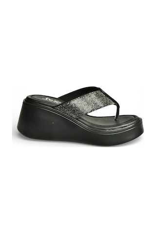 Fox Shoes Y973525409 Siyah Taş Detaylı Parmak Arası Kalın Tabanlı Kadın Terlik