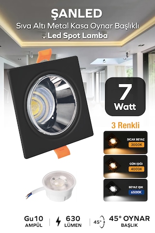 7w 3 Renkli Sıva Altı Kare Metal Siyah Krom Kasa Oynar Başlıklı Gu10 Led Spot 1 Adet Siyah - Krom