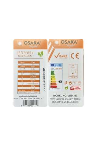 10 Adet Osaka 10w Mavi Işık E27 Duylu Kalın Duy Led Ampul