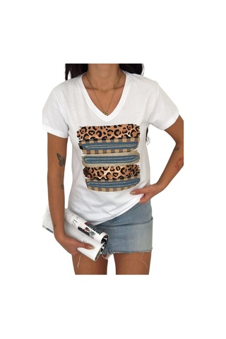 Cassime Kadın Leopar Desenli %100 Pamuk Beyaz V Yaka T-shirt
