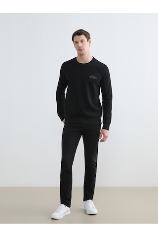 Lcwaıkıkı Classic Siyah Bisiklet Yaka Baskılı Erkek Kalın Sweatshirt