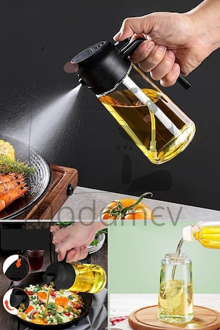 2li Çift Fonksiyonlu Cam Yağdanlık 550ml Zeytinyağı Sıvıyağ Şişesi Airfryer Sprey Yağlık Püskürtücü