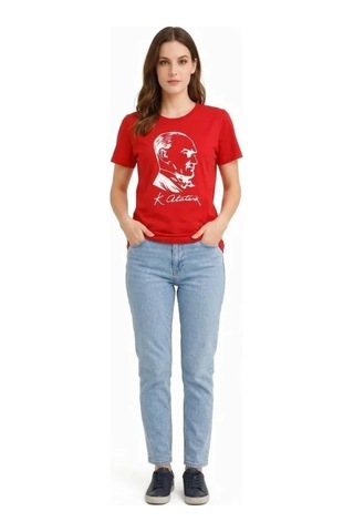 Hazego Atatürk Baskılı Tişört Kısa Kollu Bisiklet Yaka T-shirt - Kırmızı