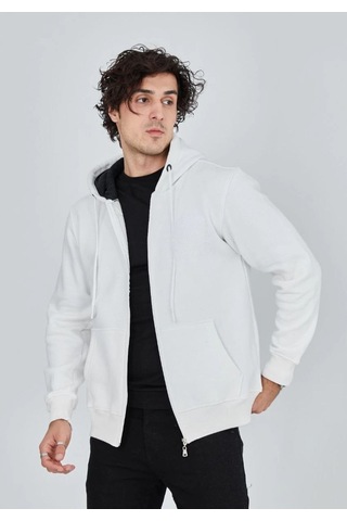 Vinevesta Erkek 3 İplik Pamuklu Kapüşonlu Tam Fermuarlı Cepli Hoodie Sweatshirt - Beyaz Çok Renkli