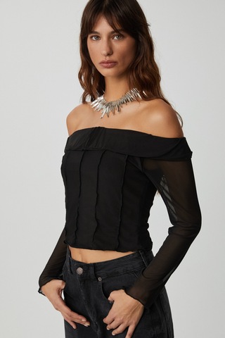 Ethıquet Nerys Kadın Straplez Yaka Omuzları Açık Uzun Kollu Slim Fit Siyah Bluz
