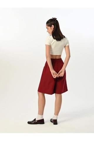 Zekids Kız Çocuk Fitilli Crop Kapri Şort T-shirt Tasarım Takım-15524 Bordo