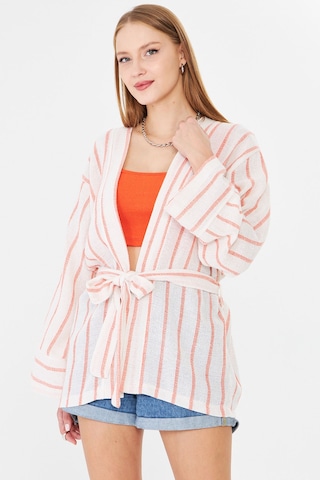 Armonika Kadın Turuncu-beyaz Kemerli Kimono Arm-25y001073