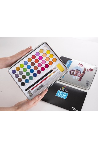Tablet Sulu Boya Seti 36 Renk Metal Kutu + Fırça Ve Kağıt Hediyel