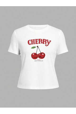 Cherry Happy Baskılı Beyaz Tshirt Anne Kız Kombin - Oversize Bisiklet Yaka Tişört Lacivert-beyaz-279110
