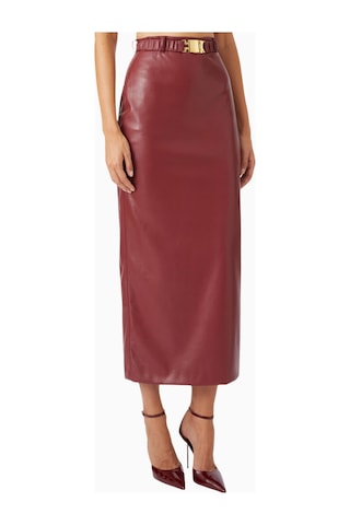 Rowen Rose Belted Maxi Skirt, Lüks Eco Leather Kuşaklı Ve Yırtmaçlı Deri Etek Koyu Kırmızı